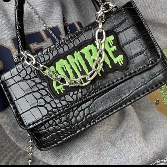 Y2K Punk Zombie Black Crocodile Print Patient Leather Sholder Bag! New! - Picture 3 of 13